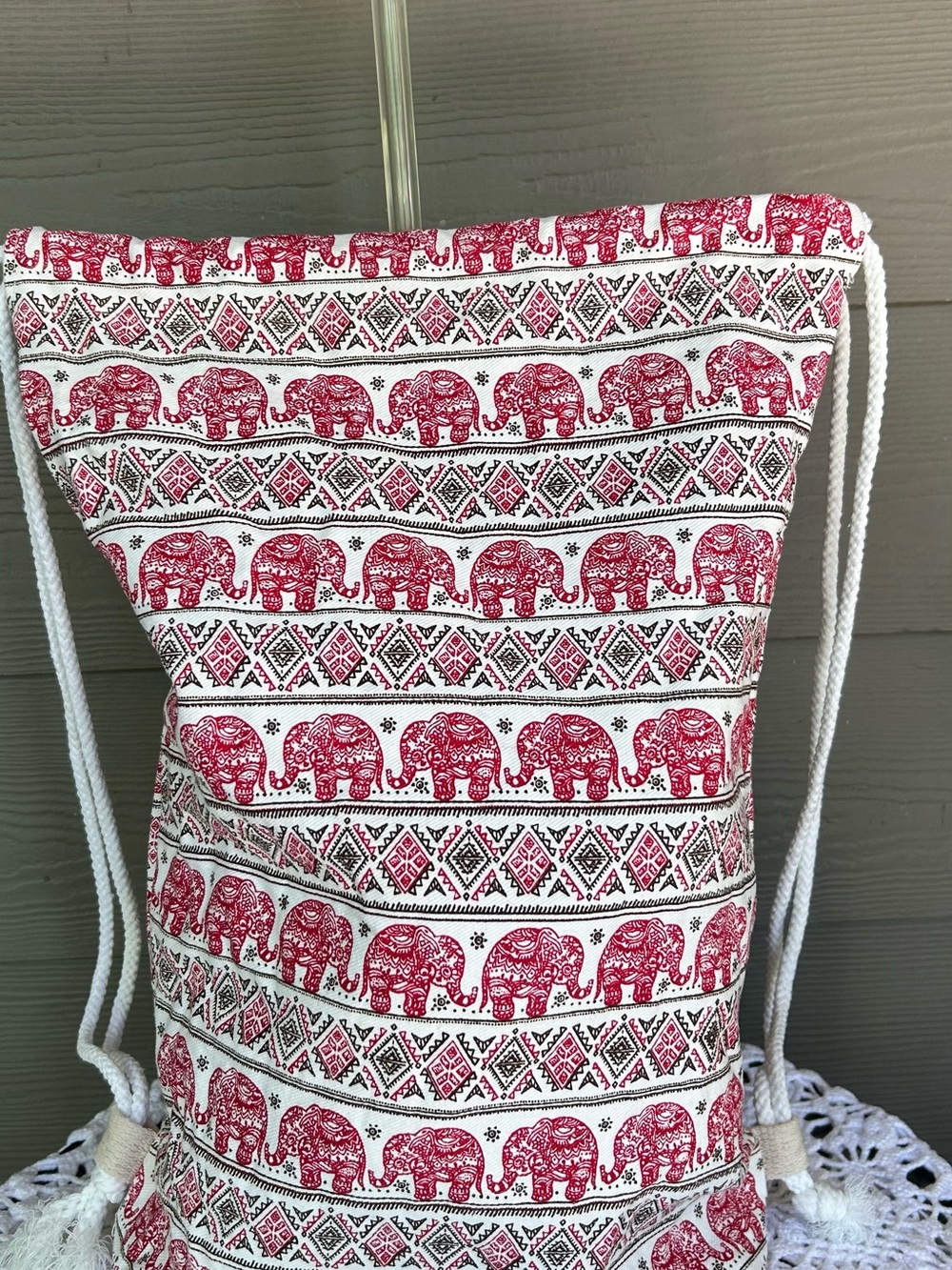 Red & White Elephant Print Drawstring Backpack